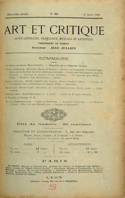 Frontispiz der Zeitschrift "Art et Critique", 23. August 1890 von Unbekannt Unbekannt